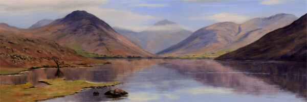 Lake District art print of Wastwater by local artist Jeff Sudders. Great Gable, Scafell and the Illgill fell scree slopes reflected in the lake.