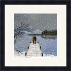 Lake District art framed print We Love Snow and Windermere by Jeff Sudders. White hearts fall like snow on a couple by the lake.