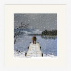 Lake District art framed print We Love Snow and Windermere by Jeff Sudders. White heart shaped snowflakes fall on a couple on the jetty.