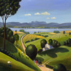 Lake District art print We're on Our Way to Windermere by local artist Jeff Sudders. Rolling green fields with the lake and Langdale pikes in the distance.