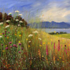 Lake District art print Wild & Free Derwentwater by local artist Jeff Sudders. Colourful wild flowers bloom on the shore of Derwentwater with Maiden Moor and Catbells in the distance and yachts on the lake.