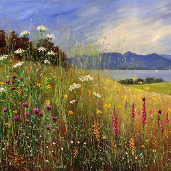Lake District art print Wild & Free Derwentwater by local artist Jeff Sudders. Colourful wild flowers bloom on the shore of Derwentwater with Maiden Moor and Catbells in the distance and yachts on the lake.