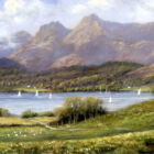 Lake District art print by Jeff Sudders. A summer scene with green field in the foreground, Lake Windermere in the Lake District and Langdale Pike mountain in the background.