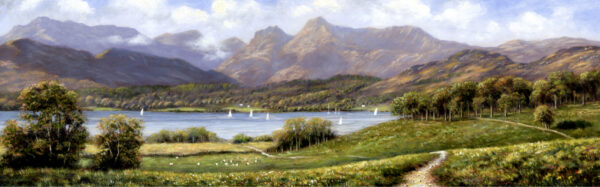 Lake District art print by Jeff Sudders. A summer scene with green field in the foreground, Lake Windermere in the Lake District and Langdale Pike mountain in the background.