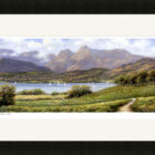 Lake District art framed print Windermere and the Langdale Pikes by local artist Jeff Sudders in a black frame.
