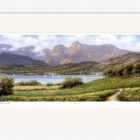 Lake District art framed print Windermere and the Langdale Pikes by local artist Jeff Sudders in a white frame.