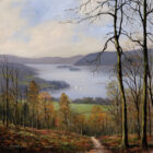 Lake District art print Windermere from Skelghyll Wood by local artist Jeff Sudders. Autumnal colours and trees with Jenkin Crag and mountains in the distance, beyond the lake.