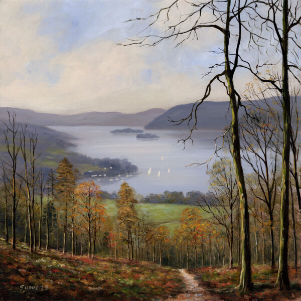 Lake District art print Windermere from Skelghyll Wood by local artist Jeff Sudders. Autumnal colours and trees with Jenkin Crag and mountains in the distance, beyond the lake.
