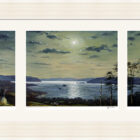 Lake District Art framed print Windermere in the Moonlight Triptych by local artist Jeff Sudders in a large fluted frame.