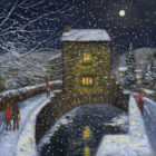 Lake District art print Winter Moon Ambleside by local artist Jeff Sudders. Snow falls from a moonlit night sky onto Bridge House Ambleside. Shoppers walk in the snow and lights are reflected in the river.
