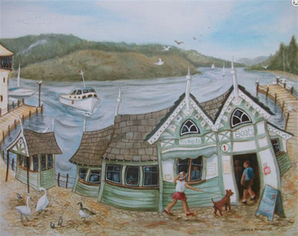The Glebe, Bowness on Windermere Print by Janice Mcgloine. A bright summers day on the Glebe by the Windermere Lake with a few geese on the beach and a cruise ship coming up to the jetty.