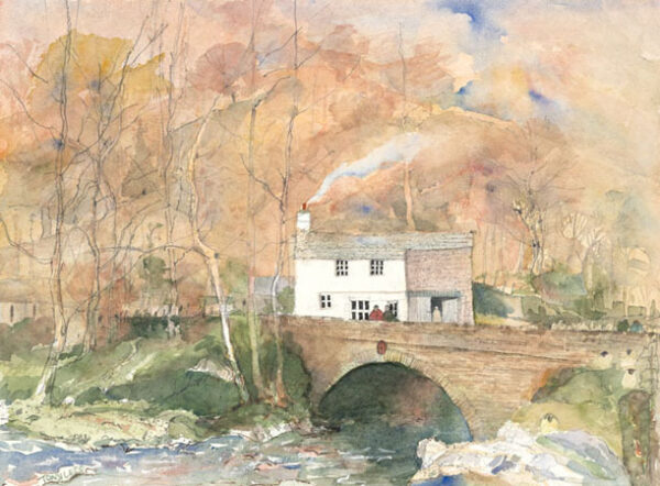 Print by Tony Lees. A scene of Elterwater Bridge in the Lake District; an old county house, the steam is coming out of the chimney; around the house there are lots of trees; colours are mainly pale orange, green and brown.