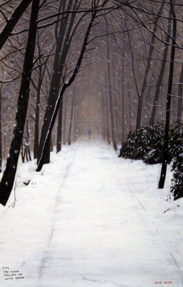 peter brook 4pm the woods filling up with snow art print