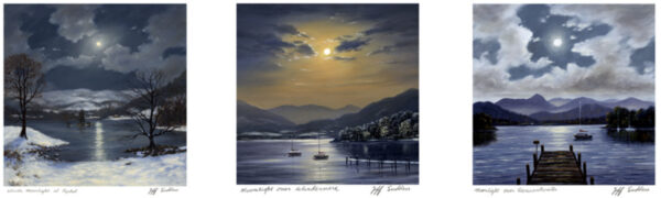 Lake district art by Jeff Sudders. Open Edition Giclee Print Moonlight Trio featuring three night on Derwentwater Windermere and Rydal scenes in blue tones