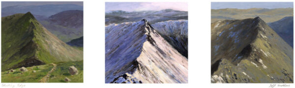 Print by Jeff Sudders. Striding edge is one print that includes three different square prints - all three prints have striding edge on it at different times of the year like summer, winter, autumn.