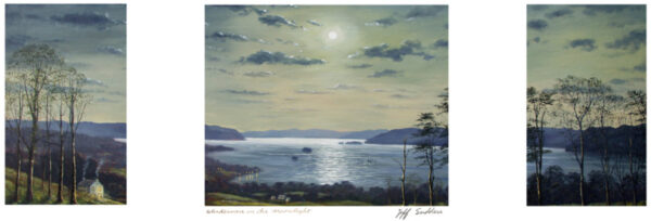 Print by Jeff Sudders. Windermere moonlight is a print that is divided into three sections - this prints shows lake windermere in the lake district, has a jetty in the foreground and mountains in the background. Colours are mostly blue and green.