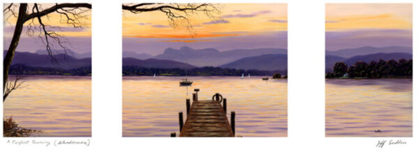 Print by Jeff Sudders. Perfect Evening, Windermere Triptych is a print that is divided into three sections - this prints shows lake windermere in the lake district, has a jetty in the foreground and Langdale Pikes in the background. Colours are mostly purple and orange.