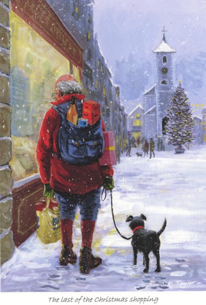 Open edition print by Jim Taylor. In this print you can see a man and his dog looking through the shops window. Man has a big backpack whick is full or presents and he is holding a bag in his left hand which is full as well. The street is covered with thick white snow.