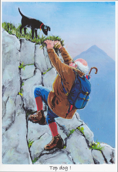 Open edition print by Jim Taylor. In this print you can see a man who is climbing a hill. His black dog is at the top already and is reaching out to help him.