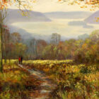 Lake District art print A Touch of Autumn Near Windermere by local artist Jeff Sudders. A couple hold hands walking along a path on the edge of woodland with the lake and mountains in the distance.