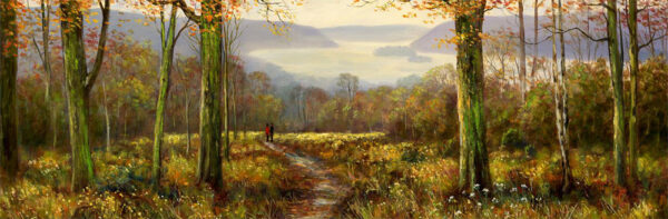 Lake District art print A Touch of Autumn Near Windermere by local artist Jeff Sudders. A couple hold hands walking along a path on the edge of woodland with the lake and mountains in the distance.