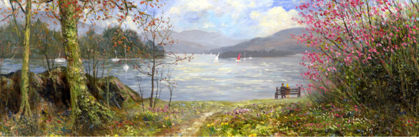 Print by Jeff Sudders. A summer scene with colourful flowers in the foreground, Lake Derwentwater in the Lake District and mountains in the background.