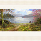 Lake District art framed print Cherry Blossom and Windermere by local artist Jeff Sudders in an off white fluted frame.