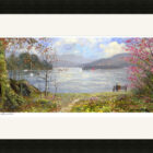 Lake District art framed print Cherry Blossom and Windermere by local artist Jeff Sudders in a black frame.