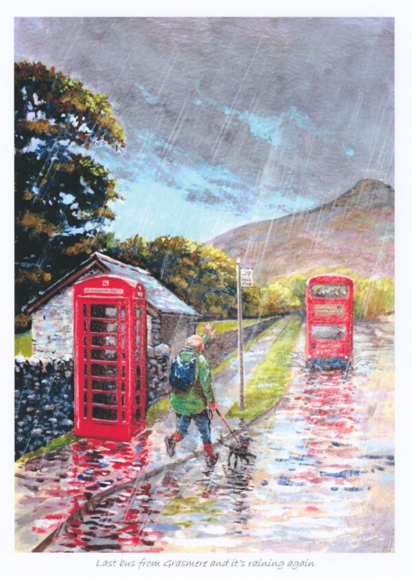 Lake District art by Jim Taylor. The Last Bus from Grasmere and it's Raining Again an art print featuring an old man and his dog on their Lakeland travels. A sweet and often funny story.