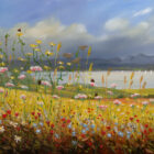 Lake District art print by Jeff Sudders. This print is showing a field with lots of colourful flowers in the foreground, yellow grass and blue lake windermere in the middle and Froswick, Ill Bell, Yoke fells and blue sky in the background.