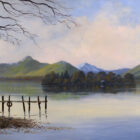 Lake District art print by Jeff Sudders. Lake District shows Derwenwater Lake with some yachts on and mountains in the background. Colours are mainly Pink and blue.