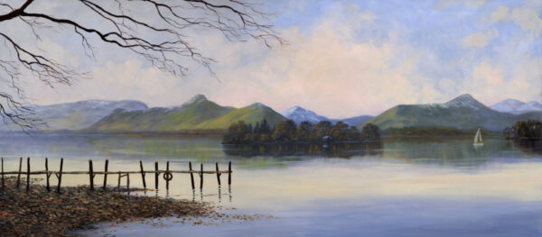 Lake District art print by Jeff Sudders. Lake District shows Derwenwater Lake with some yachts on and mountains in the background. Colours are mainly Pink and blue.