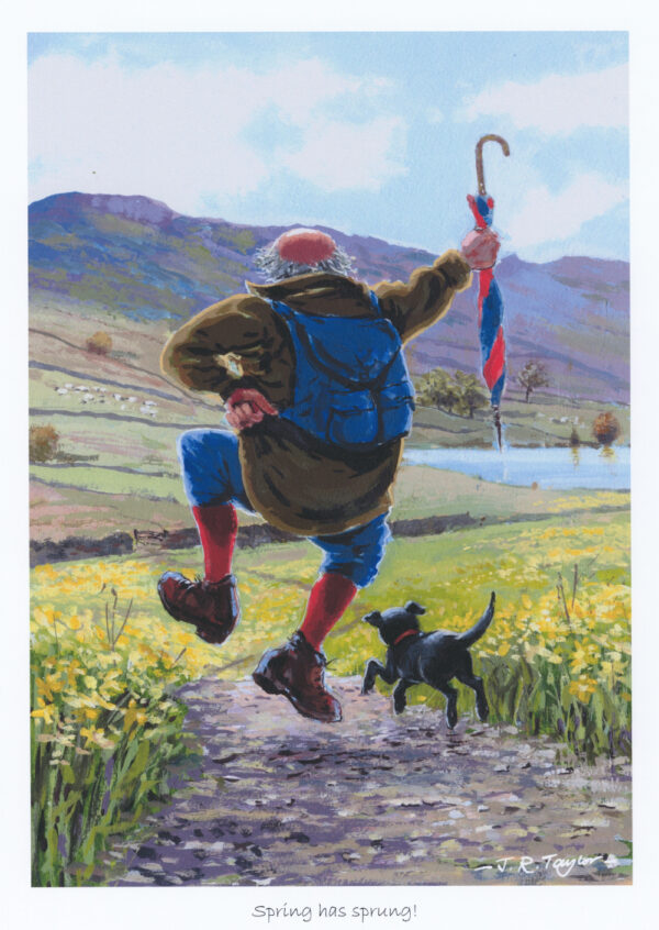 Lake District art by Jim Taylor. Spring has Sprung an art print featuring an old man and his dog on their Lakeland travels. A sweet and often funny story.