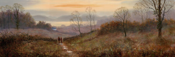 Print by Jeff Sudders. Autumn scene set in the woodland, in the middle of the print you see a path, at the end of the path a couple holding hands; on either sides of the path there are a few tall trees; in the background there is a lake Derwentwater in the Lake District and some mountains.