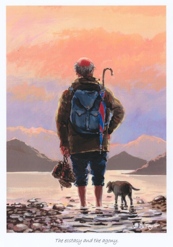 Lake District art by Jim Taylor. The Ecstasy and the Agony an art print featuring an old man and his dog on their Lakeland travels. A sweet and often funny story.