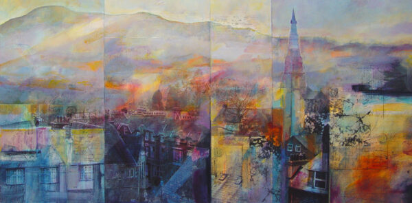 Giclee print by Kate Boyce of Ambleside, Cumbria. A view over the rooftops with St Mary's Church spire looking towards Wansfell.