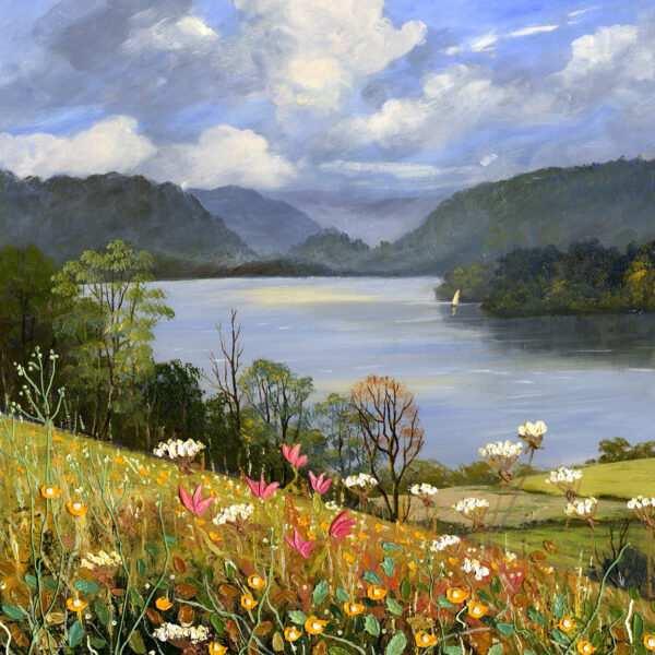 Art print by lake district artist Jeff Sudders. A view across Derwentwater to Castle Crag and the Jaws of Borrowdale at the south end of the lake. There are colourful flowers and meadows in the foreground and the sky is blue with light clouds