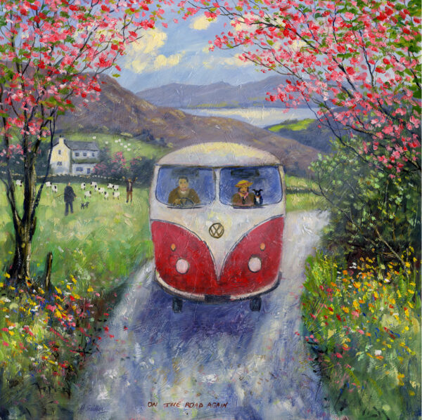 Print by Jeff Sudders. A summer scene with a red and white caravan in the middle of the print; either side of it is beautiful blossom and bright green grass.