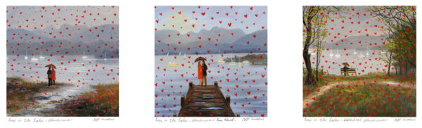 Print by Jeff Sudders. Love in the lakes trio is one print that includes three different prints - all the prints have a couple that are standing or sitting close to each other and the lake. All three prints have red hearts going across the print.