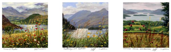 Print by Jeff Sudders. Summer trio is one print that includes three different square prints - all the print have flowers in the foreground, lake in the middle and mountains in the background.
