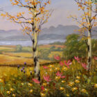 Lake District art print by Jeff Sudders. A summer scene with colourful flowers in the foreground, Lake Windermere in the Lake District and mountains in the background.