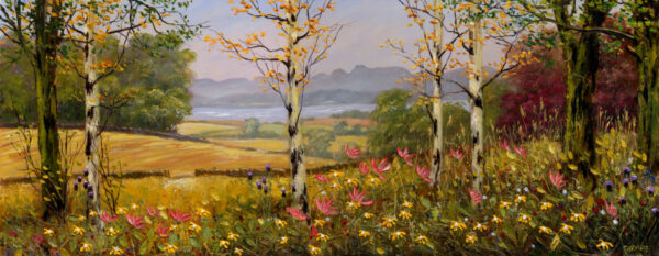 Lake District art print by Jeff Sudders. A summer scene with colourful flowers in the foreground, Lake Windermere in the Lake District and mountains in the background.