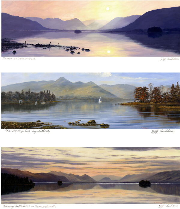 Lake District art print by Jeff Sudders. Three views of Derwentwater - the view at the top is sun rising, the sky is pink, can see the reflection of the sun in the lake; second view is the view of Catbells in the day time with mountains in the background, a yacht on the lake; the third view is sundown - orange sky with some blue clouds and the reflection of this sky in the lake.