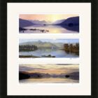 Lake District art framed print Three Views of Derwentwater by local artist Jeff Sudders in a black frame.