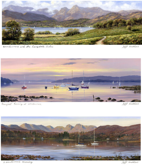 Print by Jeff Sudders. Three views of Windermere - at the top of the print is windermere lake with langdale pikes in the background on a bright sunny summer day; on the second view is lake windermere with a few yachts, sun is downing, colours are mostly yellow and purple; on the third view we can see lake windermere on a bright summer day with a blue sky, reflection of the sky in the lake and a few yachts.