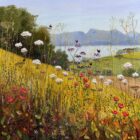 Lake District Art Print by Lakeland artist Jeff Sudders . A view across Derwentwater to Catbells and Maiden Moor. There are summer meadows in the foreground with red, white and purple wild flowers. Red Admirals are hovering around the flowers.