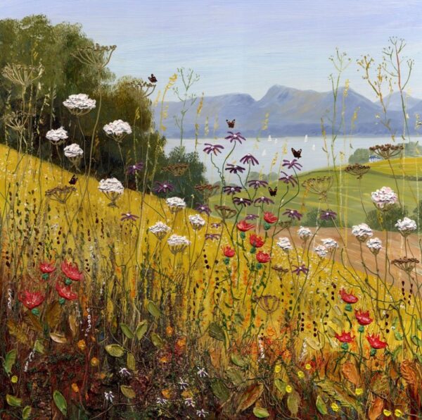 Lake District Art Print by Lakeland artist Jeff Sudders . A view across Derwentwater to Catbells and Maiden Moor. There are summer meadows in the foreground with red, white and purple wild flowers. Red Admirals are hovering around the flowers.