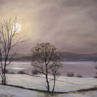 Lake District art print A Winter Moon Over Windermere by local artist Jeff Sudders. Moonlight through clouds over a frosty scene of snowy fields and trees in soft purple hues.