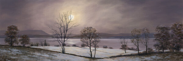 Lake District art print A Winter Moon Over Windermere by local artist Jeff Sudders. Moonlight through clouds over a frosty scene of snowy fields and trees in soft purple hues.