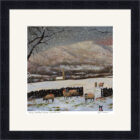 Lake District art framed print Being Watched Above Ambleside by local artist Jeff Sudders in a black frame. A sheepdog watches over sheep in snowy fields.